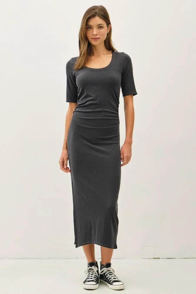 Charcoal Ruched Short Sleeve Side Slit Midi Dress sold by Pinkblush