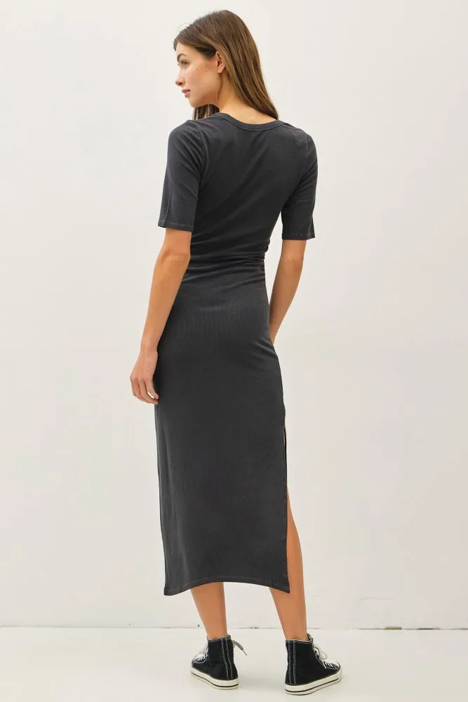 Charcoal Ruched Short Sleeve Side Slit Midi Dress sold by Pinkblush product image thumbnail 3