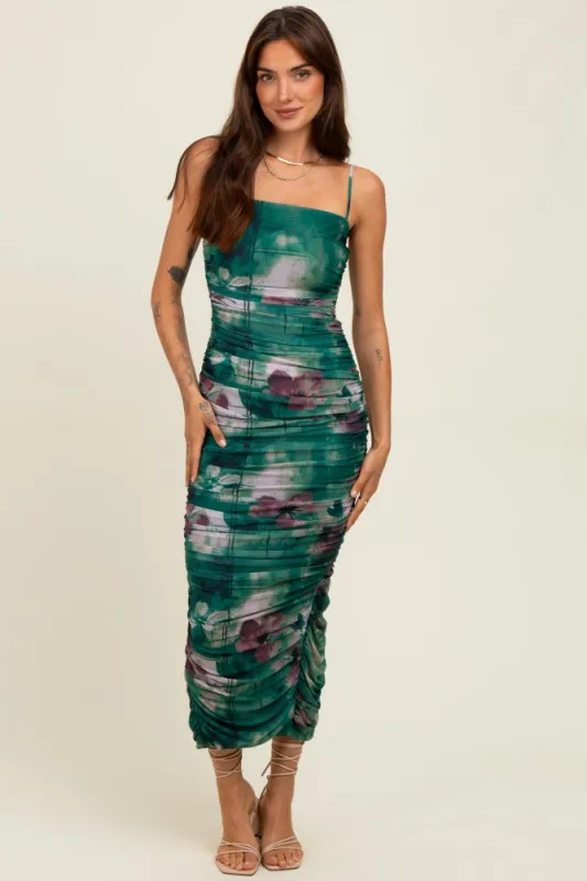 Forest Green Floral Mesh Ruched Sleeveless Midi Dress sold by Pinkblush