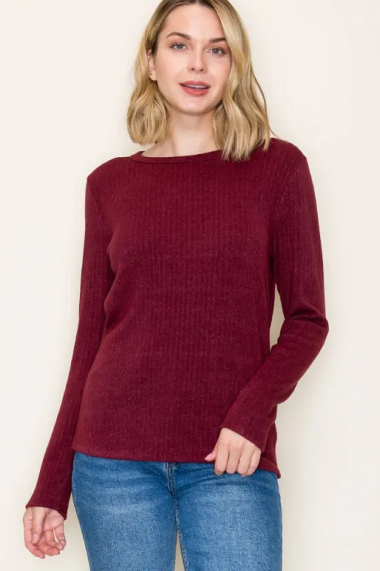 Burgundy Ribbed Knit Long Sleeve Top sold by Pinkblush