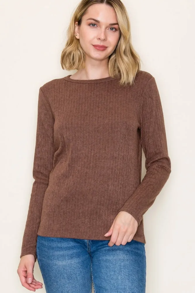 Brown Ribbed Knit Long Sleeve Top sold by Pinkblush