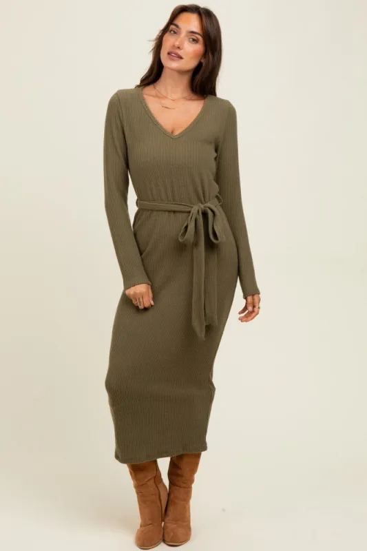 Light Olive Solid Brushed Rib Ling Sleeve V-Neck Fitted Midi Dress sold by Pinkblush