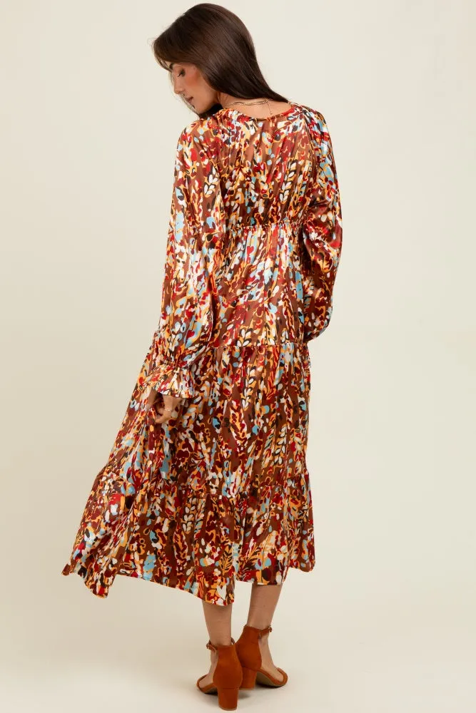 Mocha Multi Color Satin V-Neck Long Sleeve Maxi Dress sold by Pinkblush product image thumbnail 4