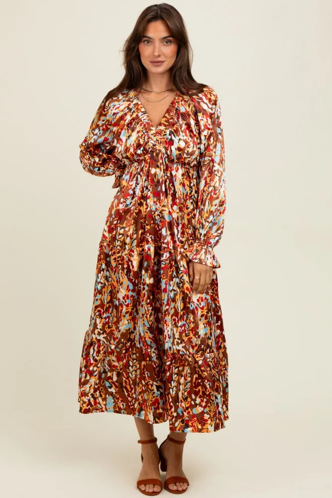 Mocha Multi Color Satin V-Neck Long Sleeve Maxi Dress sold by Pinkblush