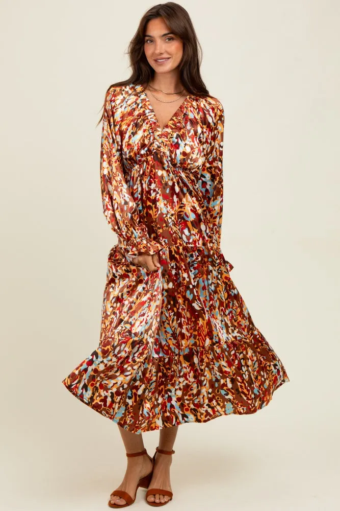 Mocha Multi Color Satin V-Neck Long Sleeve Maxi Dress sold by Pinkblush product image thumbnail 2