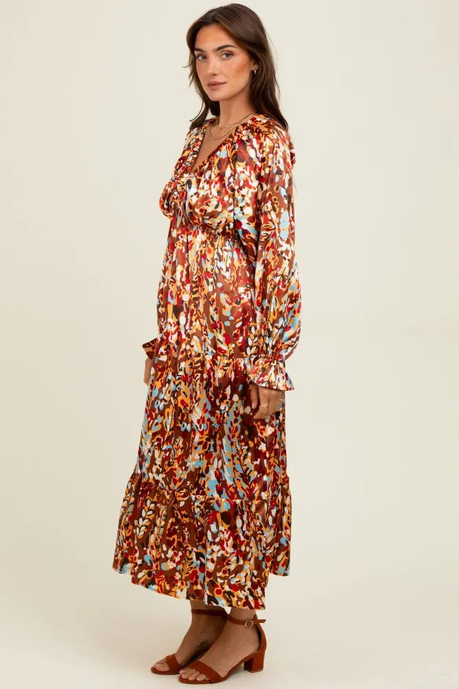 Mocha Multi Color Satin V-Neck Long Sleeve Maxi Dress sold by Pinkblush product image thumbnail 3