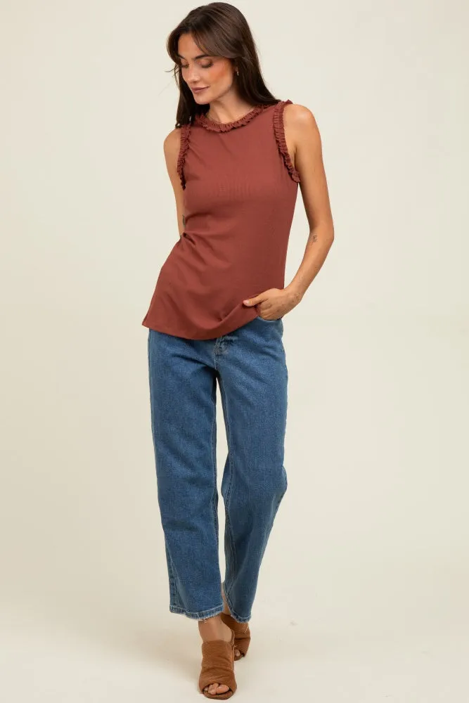 Dark Rust Rib Knit Ruffle Trim Sleeveless Top sold by Pinkblush product image thumbnail 2