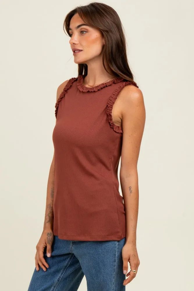 Dark Rust Rib Knit Ruffle Trim Sleeveless Top sold by Pinkblush product image thumbnail 3