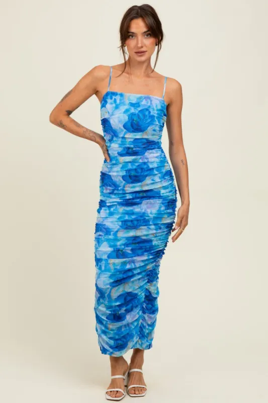 Blue Rose Floral Mesh Sleeveless Ruched Dress sold by Pinkblush