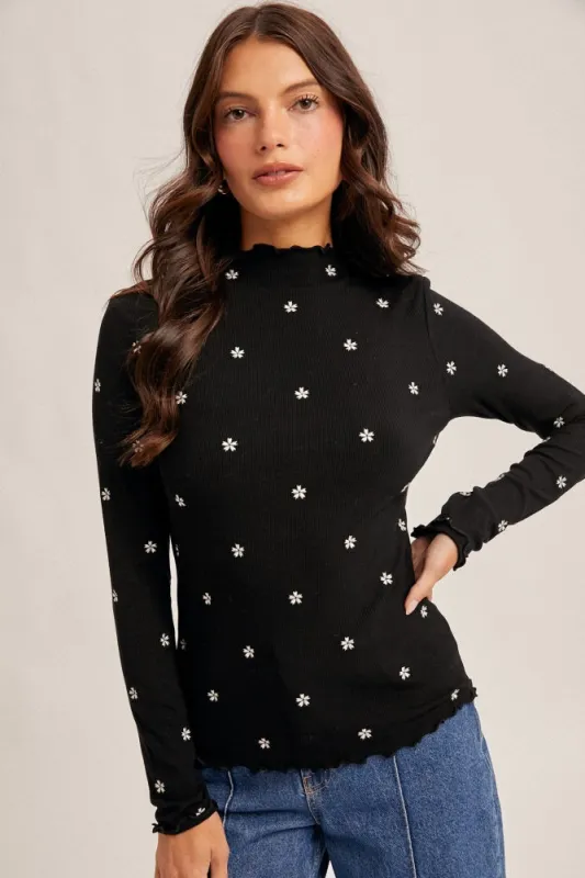 Black Knit Embroidered Floral Ruffle Hem Top sold by Pinkblush