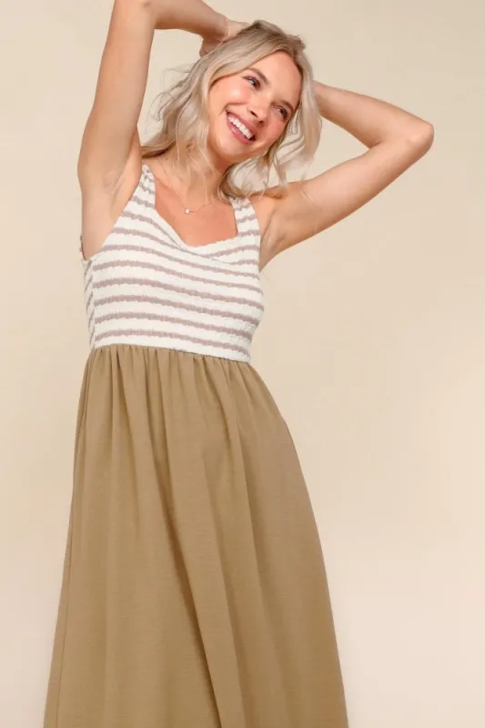 Taupe Striped Fit And Flare Sleeveless Plus Midi Dress sold by Pinkblush