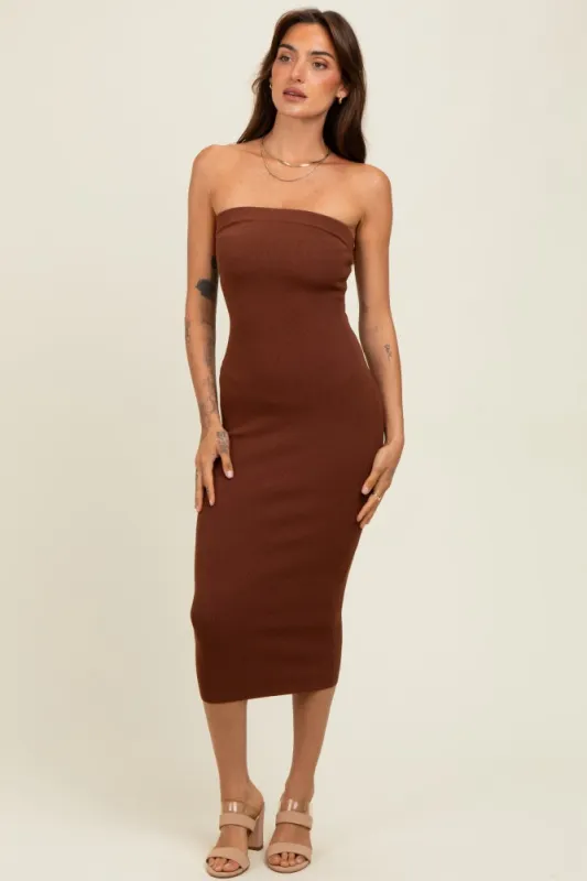 Brown Fitted Tube Knit Midi Dress sold by Pinkblush