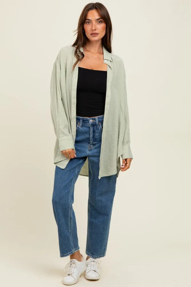 Light Olive Striped Oversized Button Down Shirt sold by Pinkblush