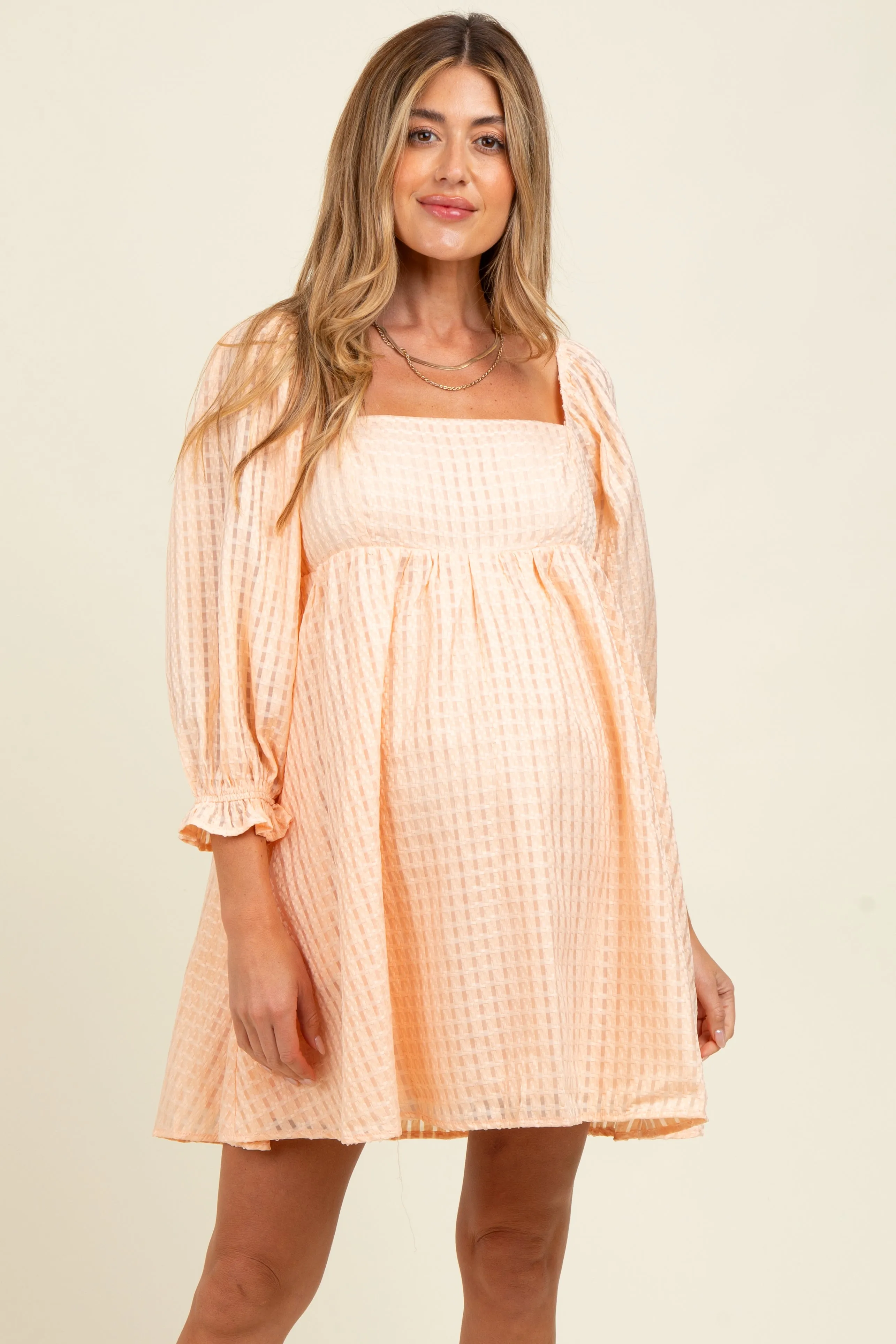Peach Plaid Overlay Bubble Sleeve Maternity Dress sold by Pinkblush