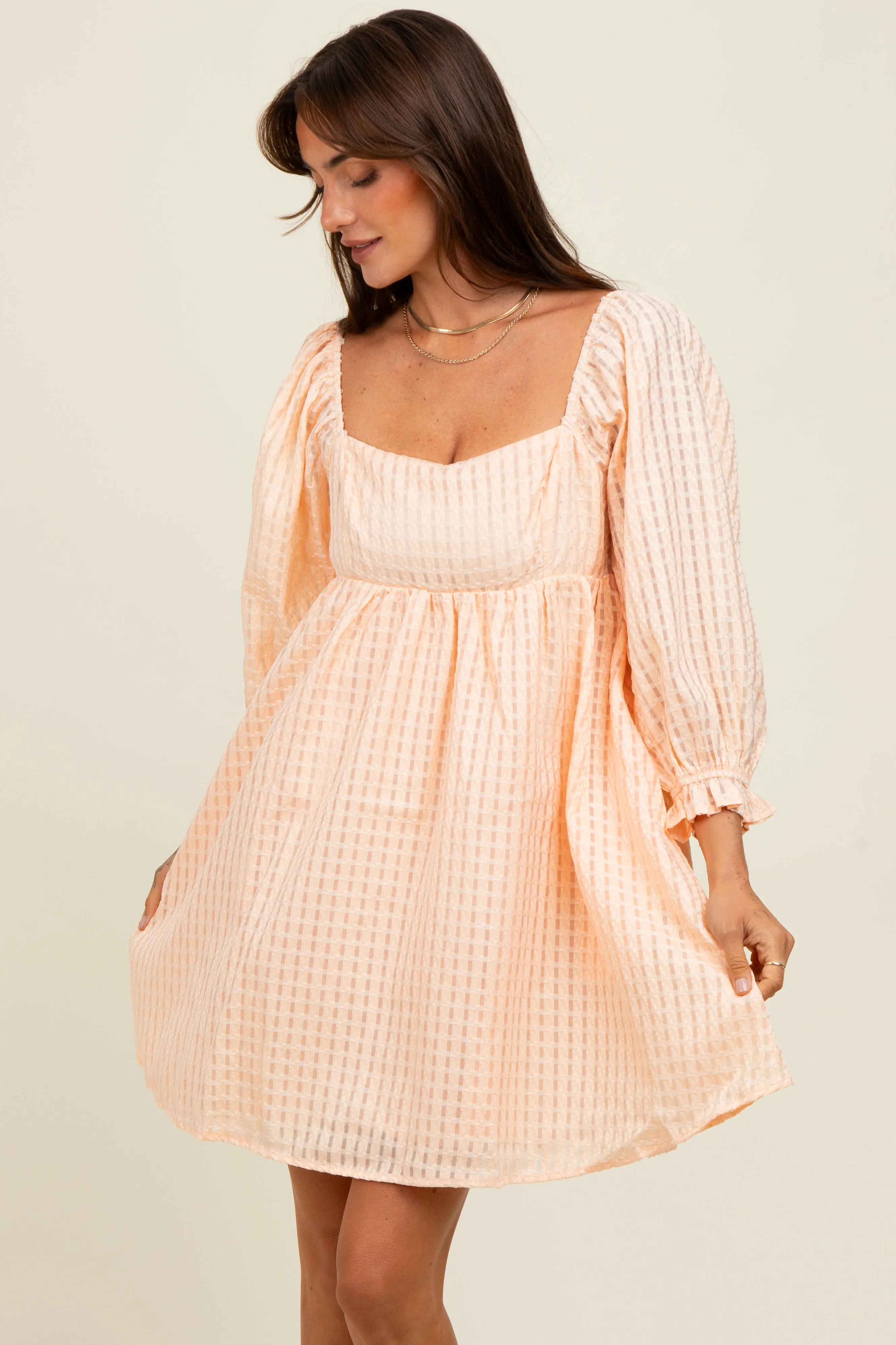 Peach Plaid Overlay Bubble Sleeve Maternity Dress sold by Pinkblush product image thumbnail 3