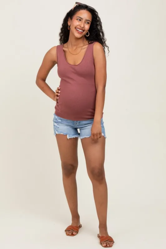 Light Blue Distressed Fringe Hem Maternity Jean Shorts sold by Pinkblush