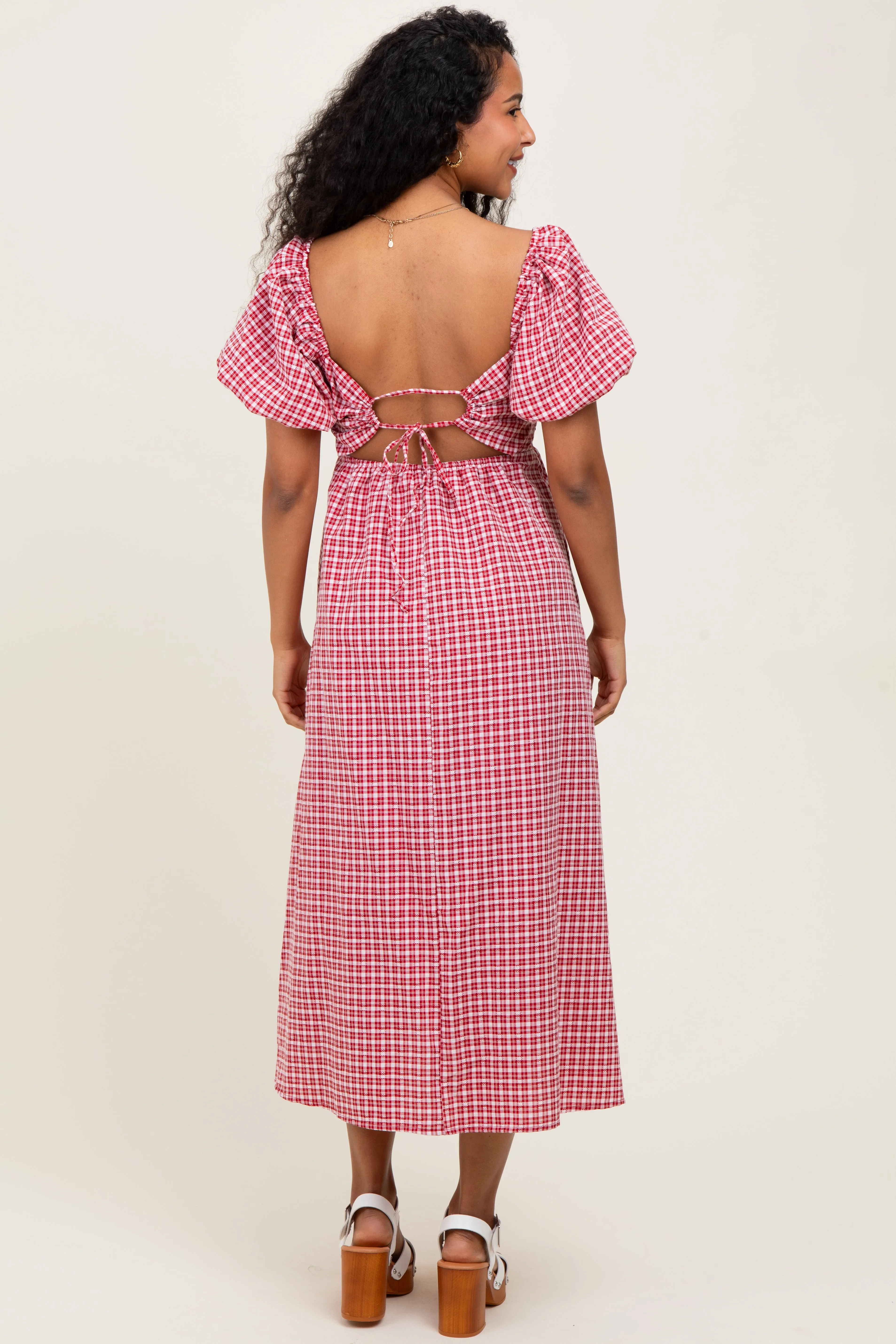 Red Textured Plaid Pen Back Maternity Midi Dress sold by Pinkblush product image thumbnail 3
