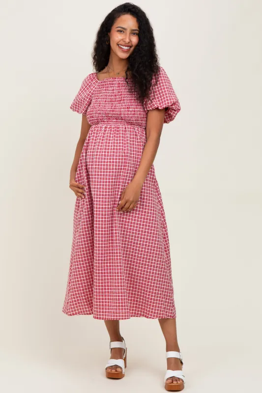 Red Textured Plaid Pen Back Maternity Midi Dress sold by Pinkblush