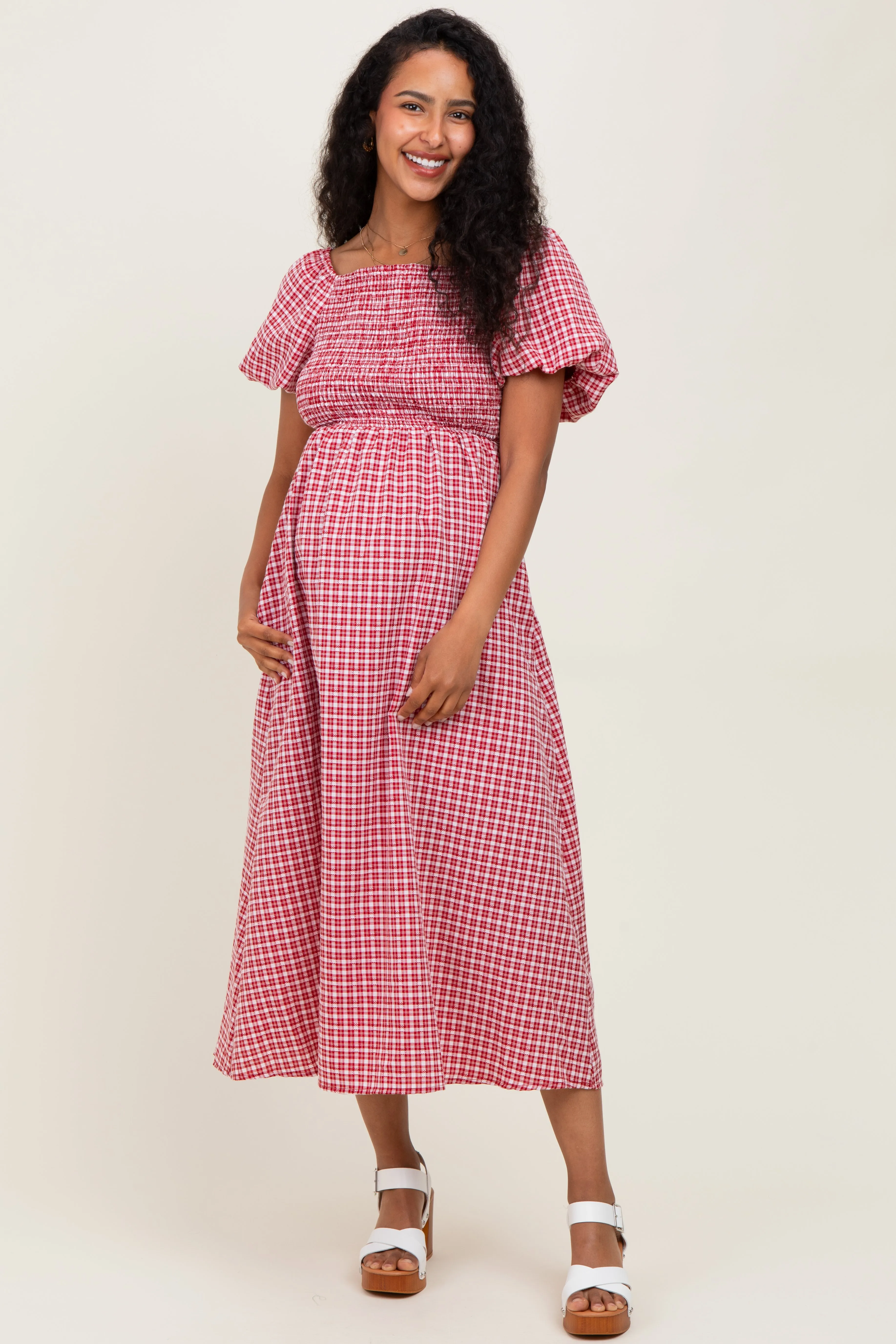 Red Textured Plaid Pen Back Maternity Midi Dress sold by Pinkblush