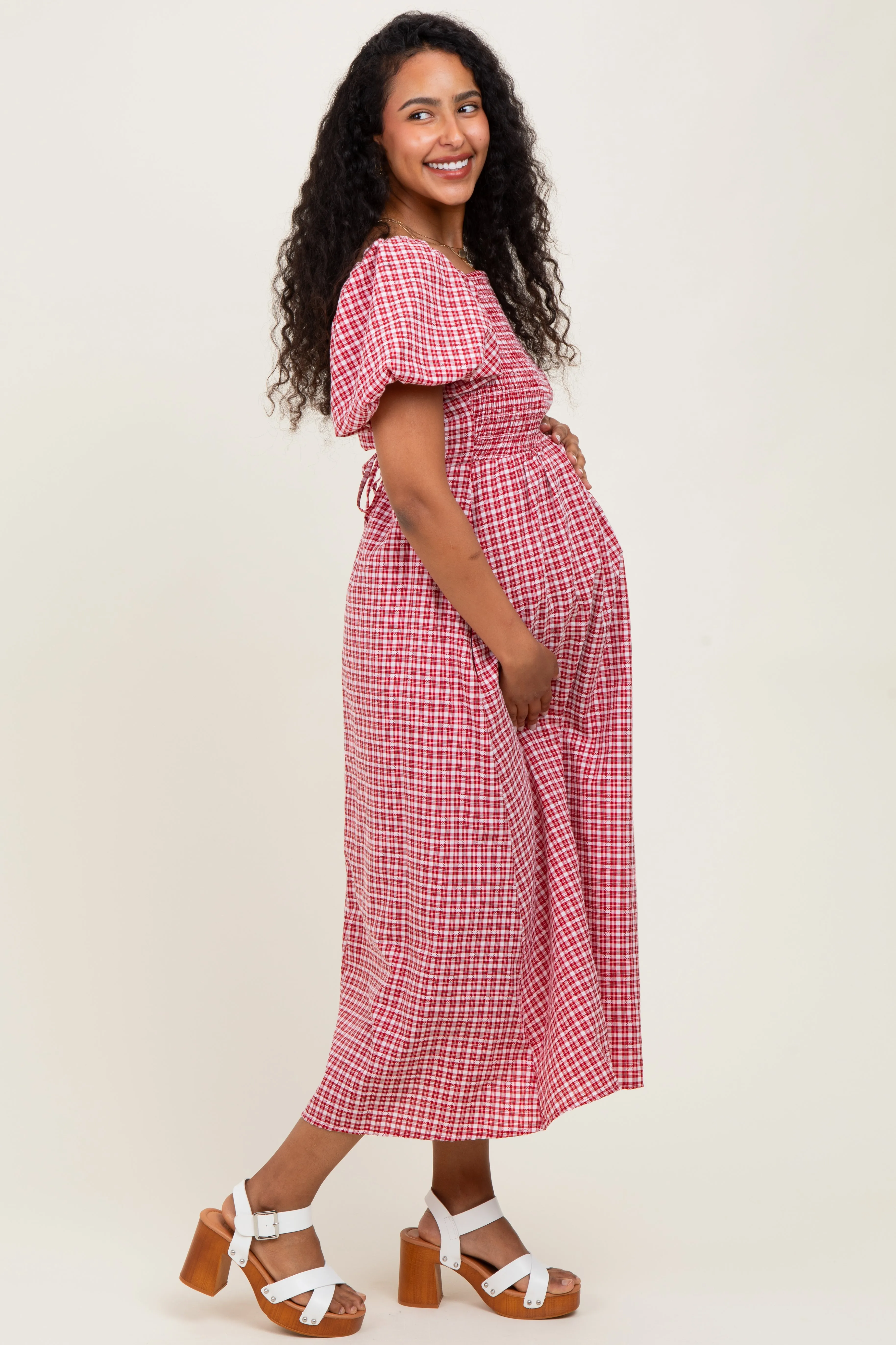 Red Textured Plaid Pen Back Maternity Midi Dress sold by Pinkblush product image thumbnail 2