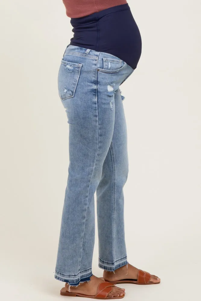 Light Blue Distressed Raw Hem Maternity Ankle Straight Leg Jeans sold by Pinkblush product image thumbnail 3