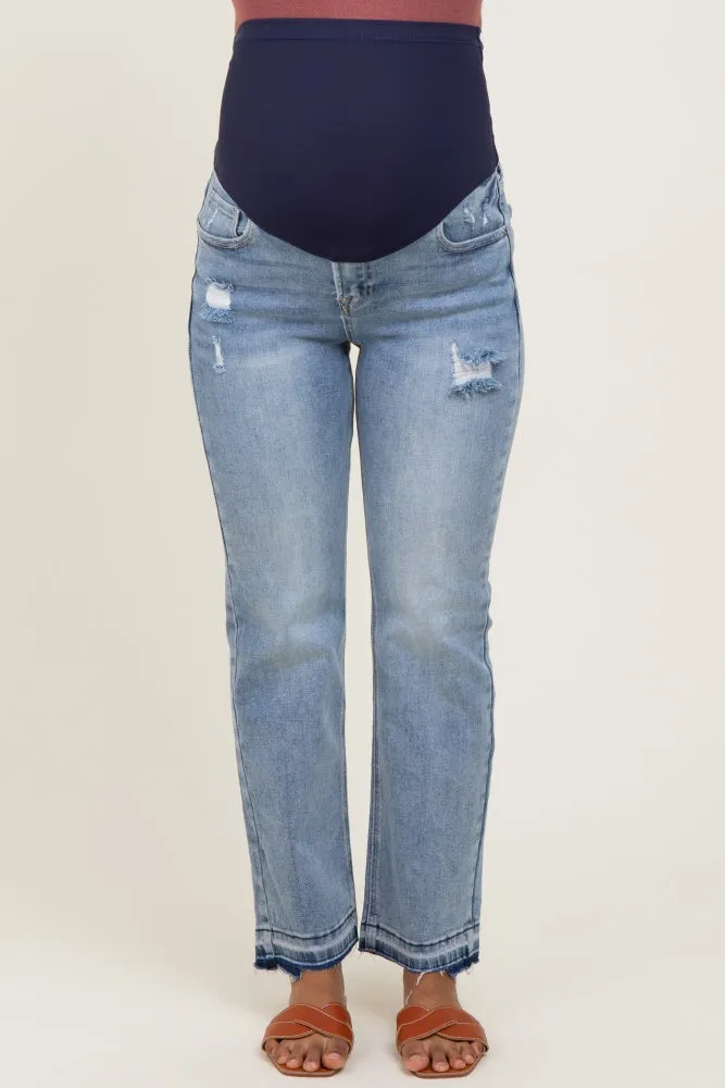 Light Blue Distressed Raw Hem Maternity Ankle Straight Leg Jeans sold by Pinkblush product image thumbnail 2