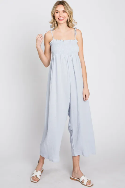 Light Blue Gauze Smocked Tie Strap Jumpsuit sold by Pinkblush