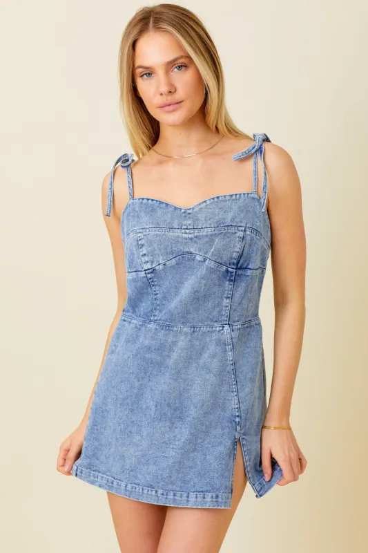 Denim Tie Strap Mini Dress sold by Pinkblush