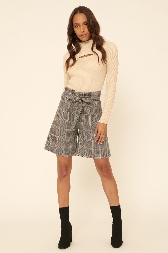 Black Plaid Woven Self-Tie Shorts sold by Pinkblush