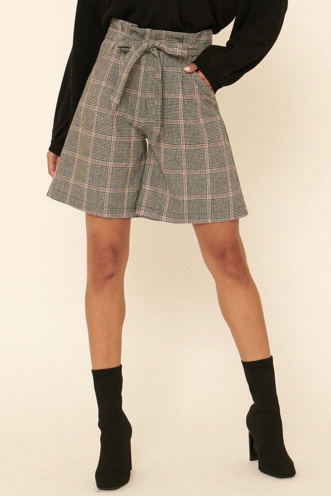 Black Plaid Woven Self-Tie Shorts sold by Pinkblush product image thumbnail 2