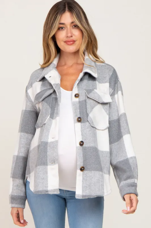 Grey Plaid Knit Maternity Shirt Jacket sold by Pinkblush