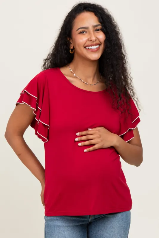 Burgundy Layered Ruffle Sleeve Maternity Top sold by Pinkblush