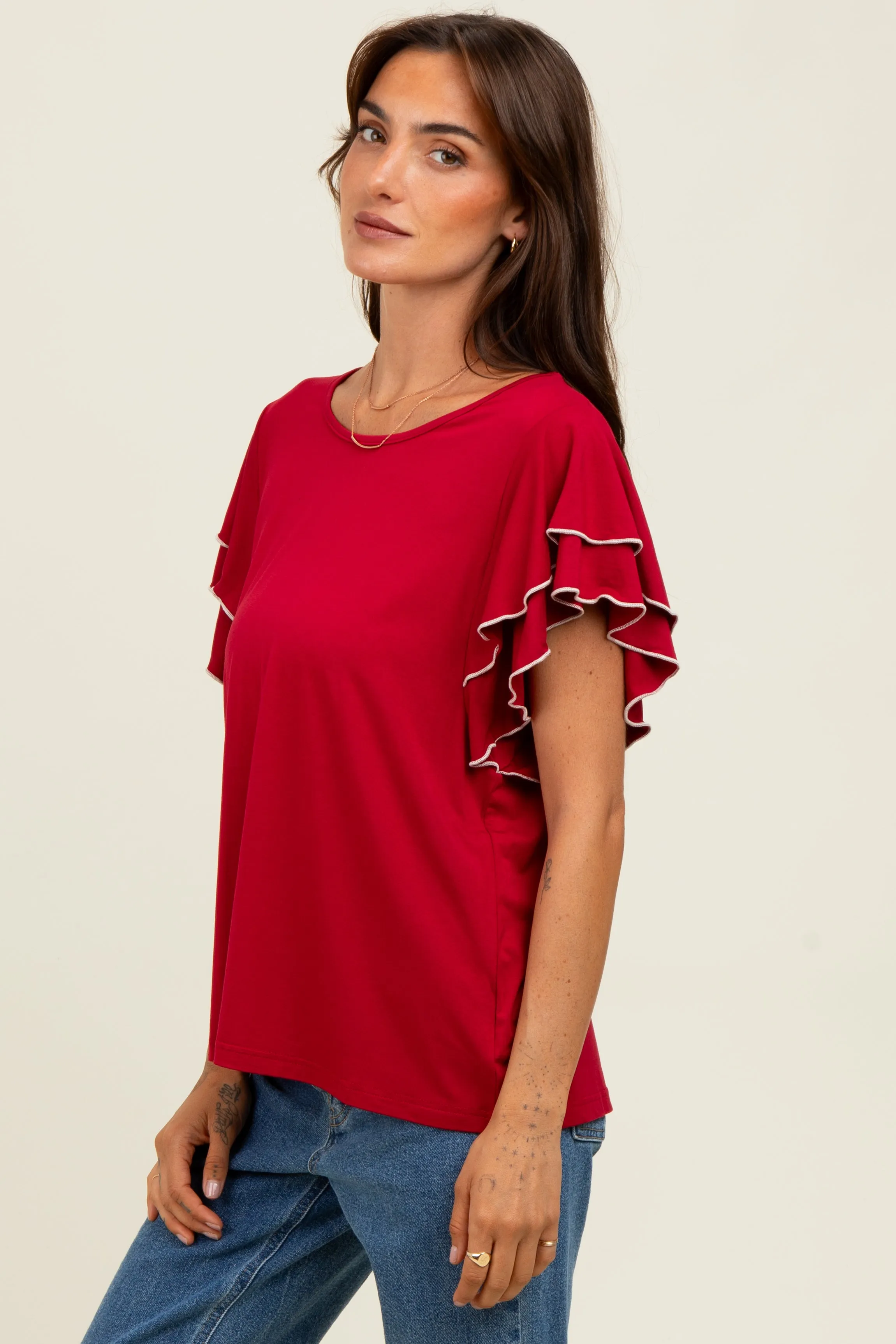 Burgundy Layered Ruffle Sleeve Maternity Top sold by Pinkblush product image thumbnail 5