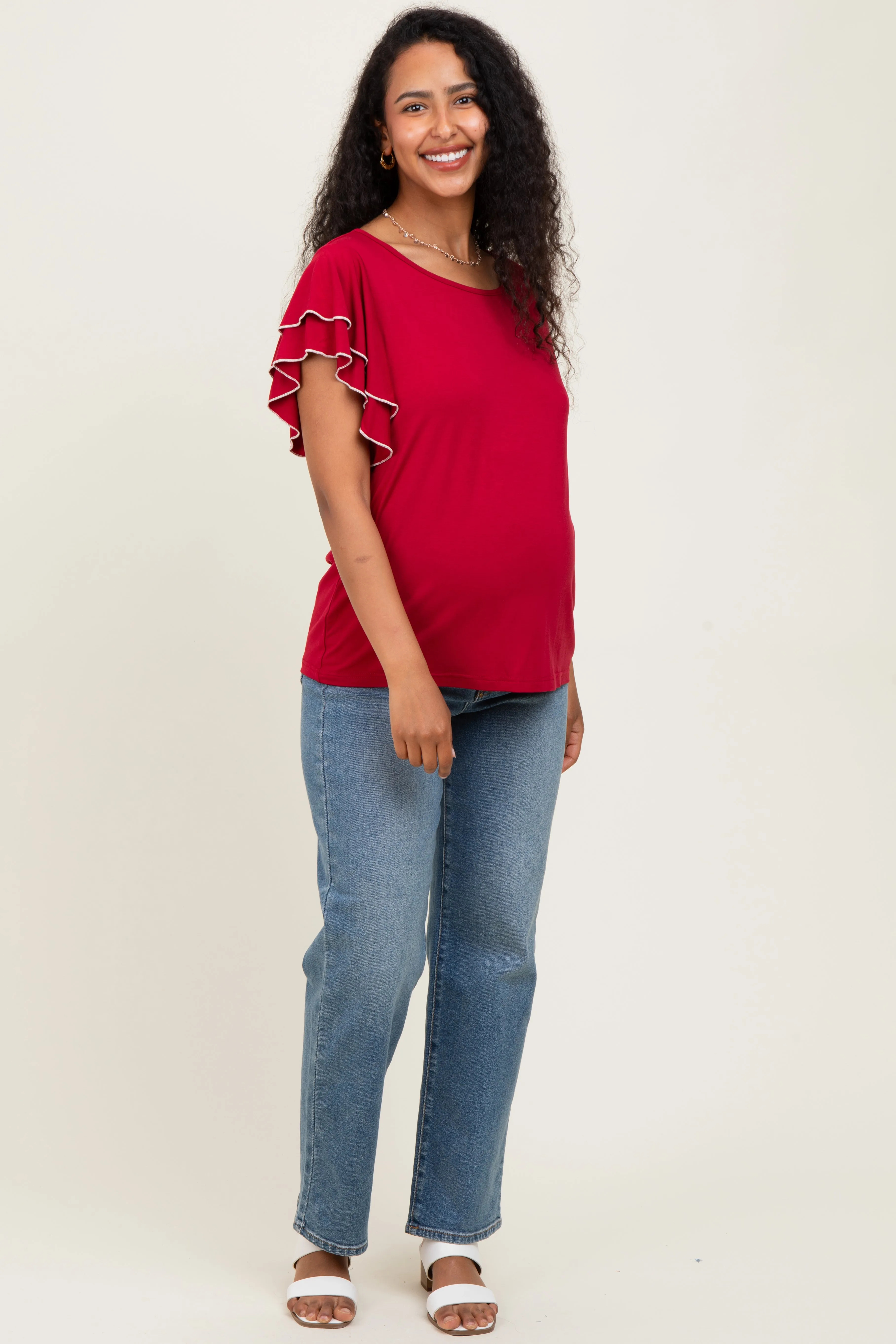 Burgundy Layered Ruffle Sleeve Maternity Top sold by Pinkblush product image thumbnail 2