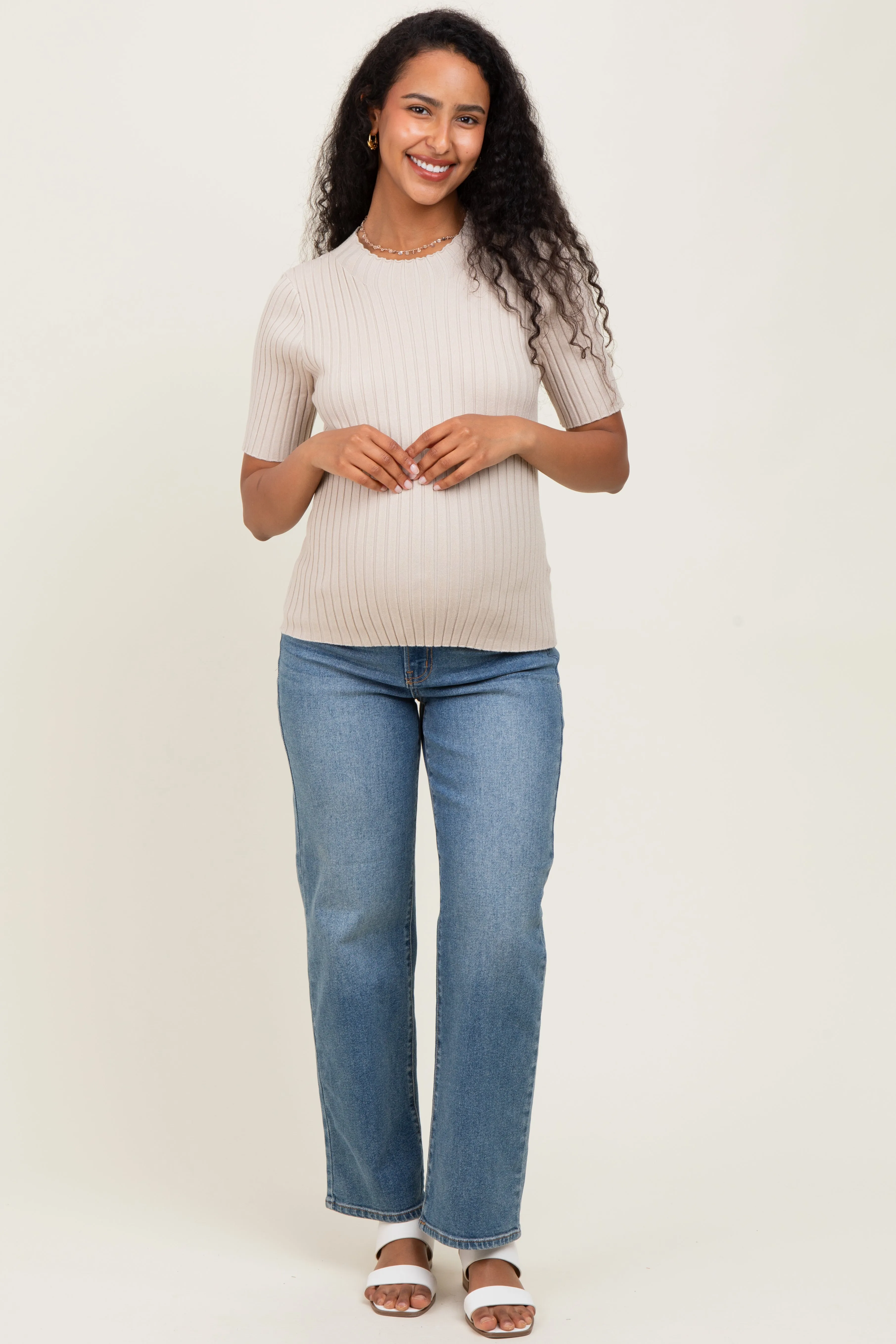 Cream Ribbed Mock Neck Knit Maternity Short Sleeve Top sold by Pinkblush product image thumbnail 2