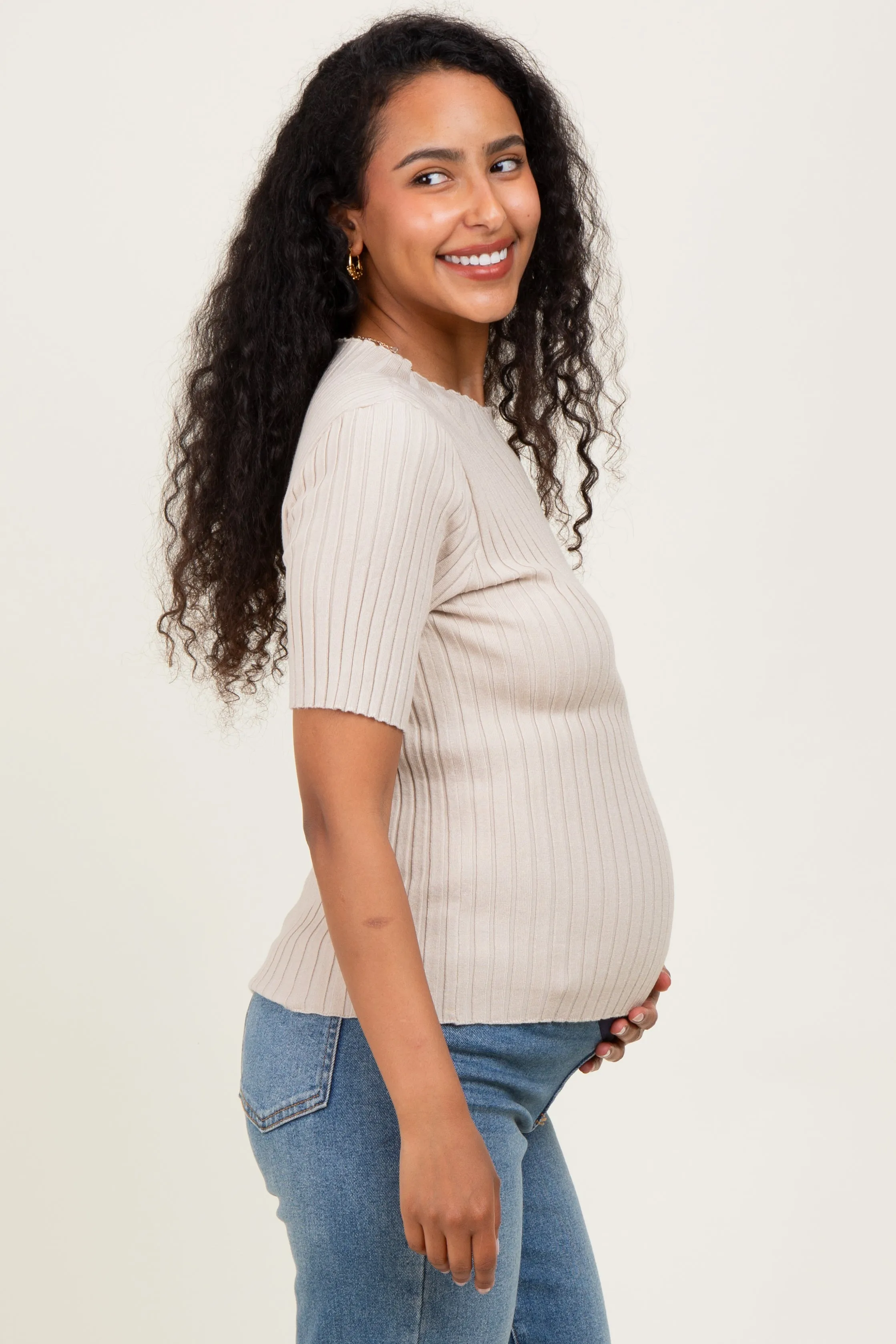 Cream Ribbed Mock Neck Knit Maternity Short Sleeve Top sold by Pinkblush product image thumbnail 3