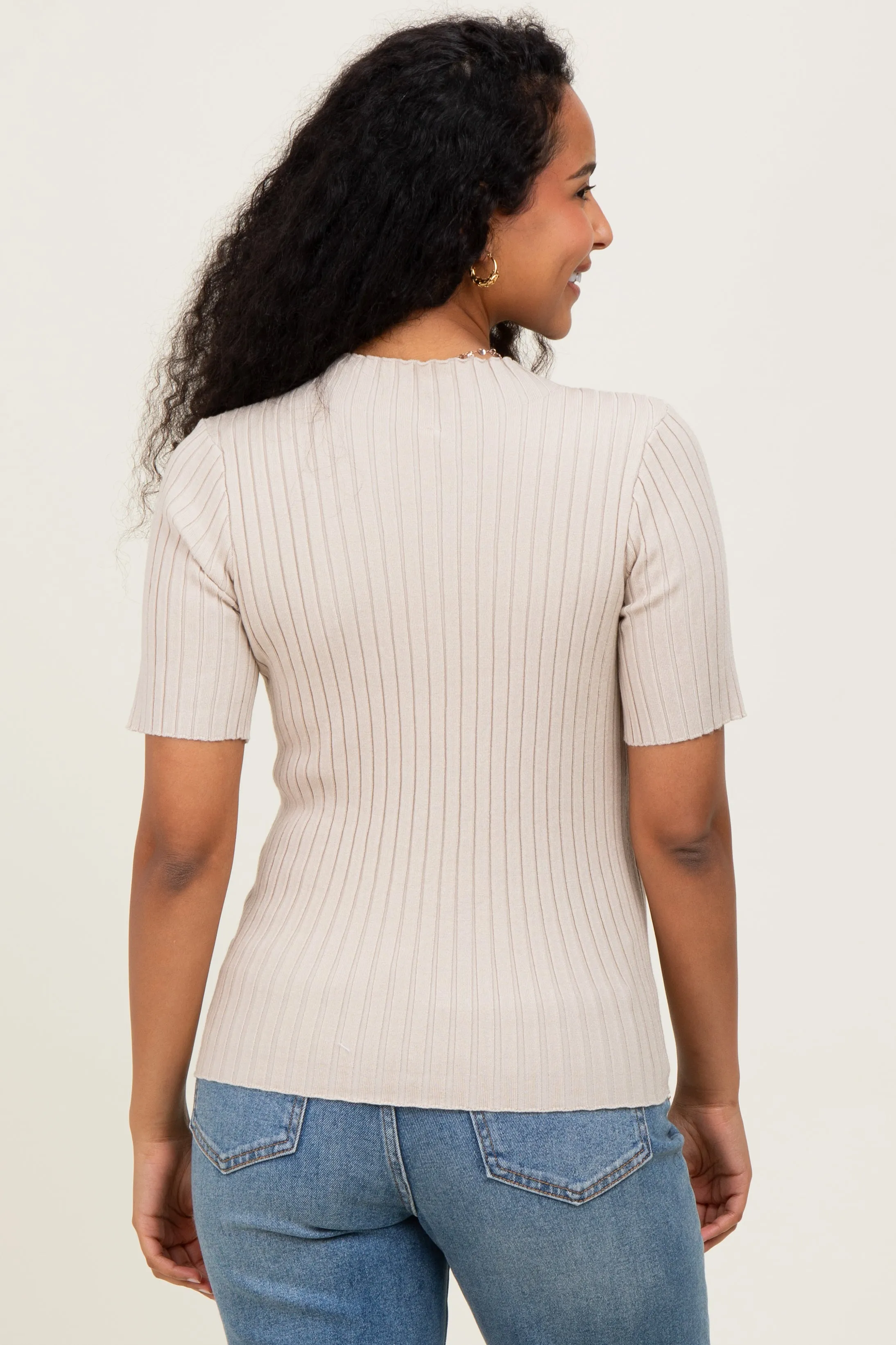 Cream Ribbed Mock Neck Knit Maternity Short Sleeve Top sold by Pinkblush product image thumbnail 4