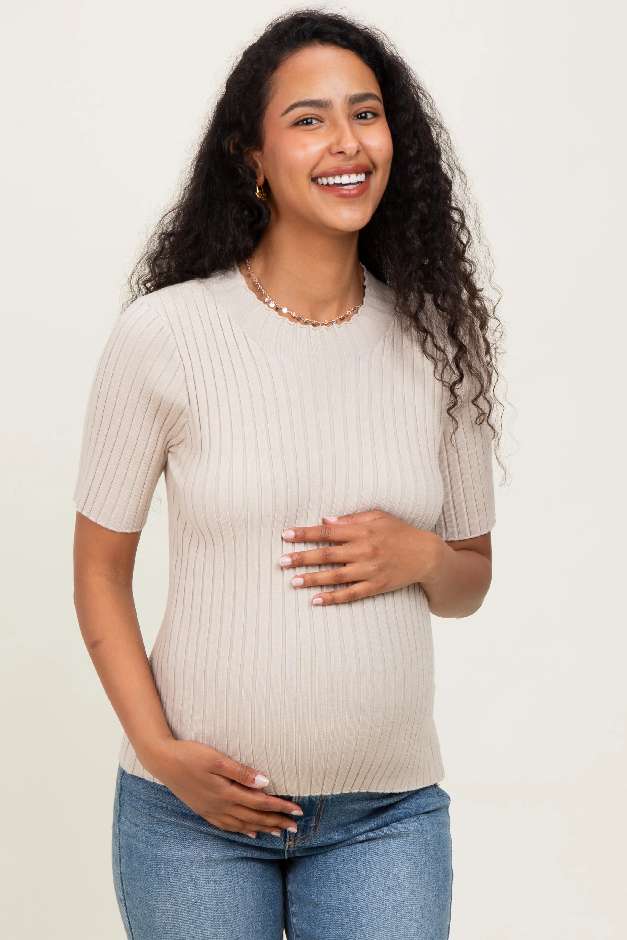 Cream Ribbed Mock Neck Knit Maternity Short Sleeve Top sold by Pinkblush