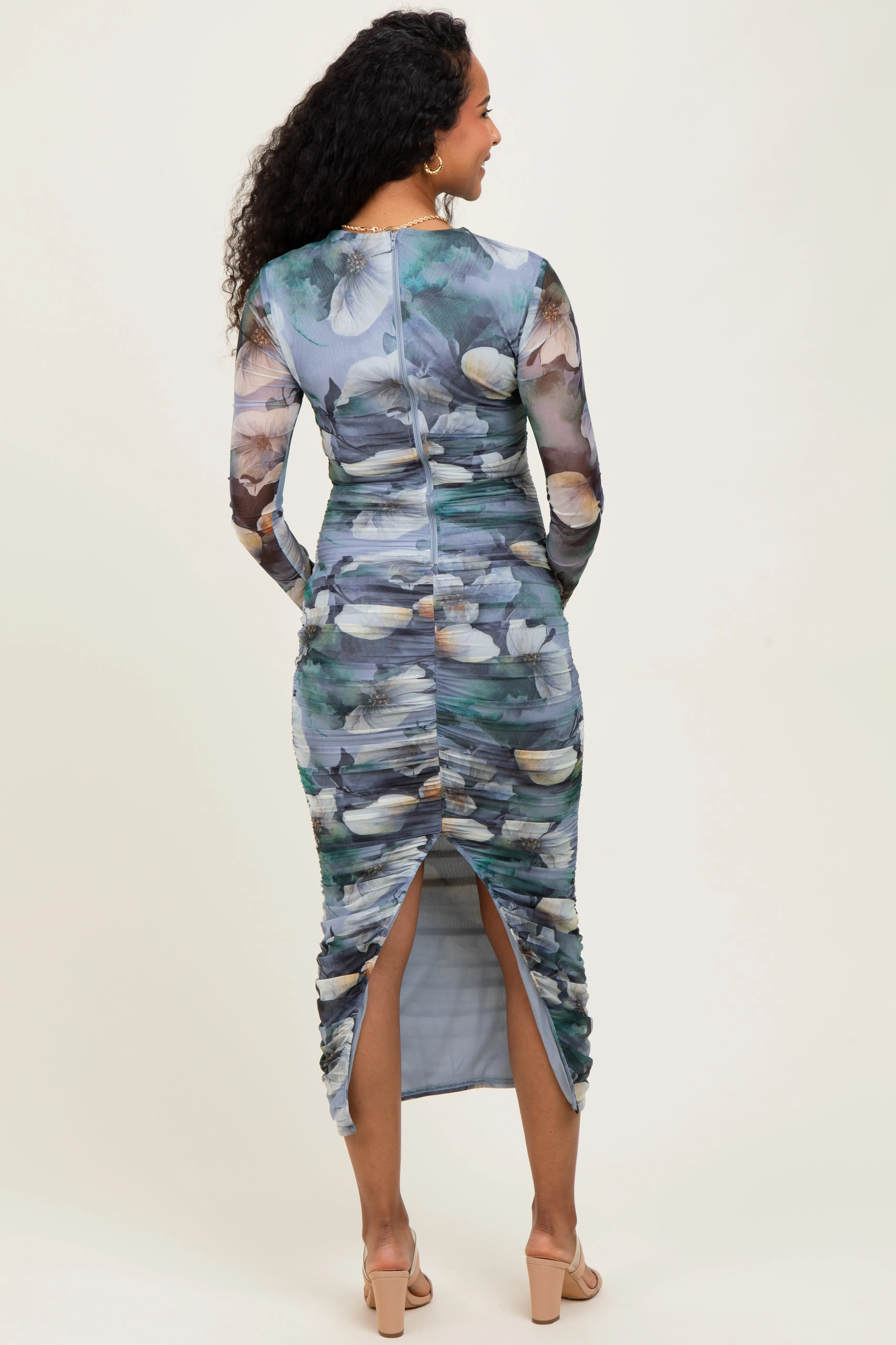 Blue Floral Mesh Overlay Ruched Maternity Midi Dress sold by Pinkblush product image thumbnail 3