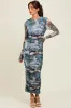 Blue Floral Mesh Overlay Ruched Maternity Midi Dress sold by Pinkblush