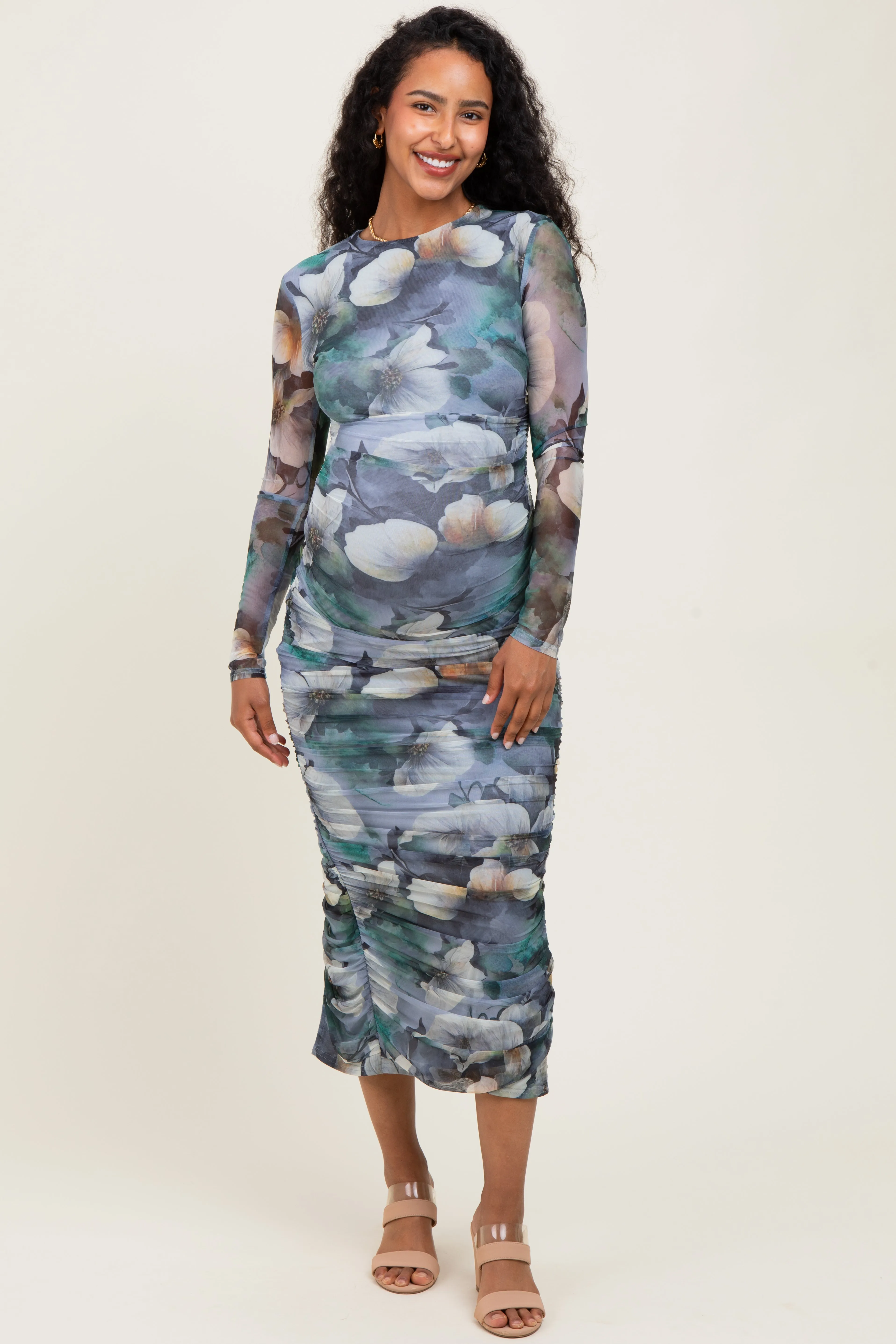 Blue Floral Mesh Overlay Ruched Maternity Midi Dress sold by Pinkblush