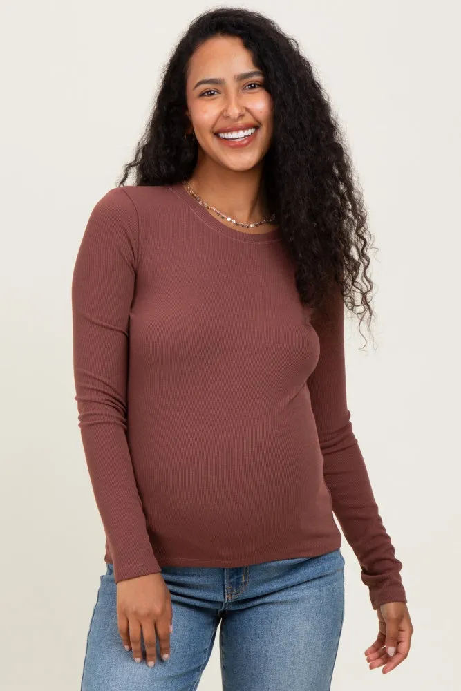 Brown Ribbed Maternity Long Sleeve Top sold by Pinkblush