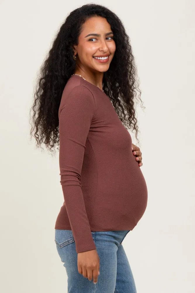 Brown Ribbed Maternity Long Sleeve Top sold by Pinkblush product image thumbnail 3