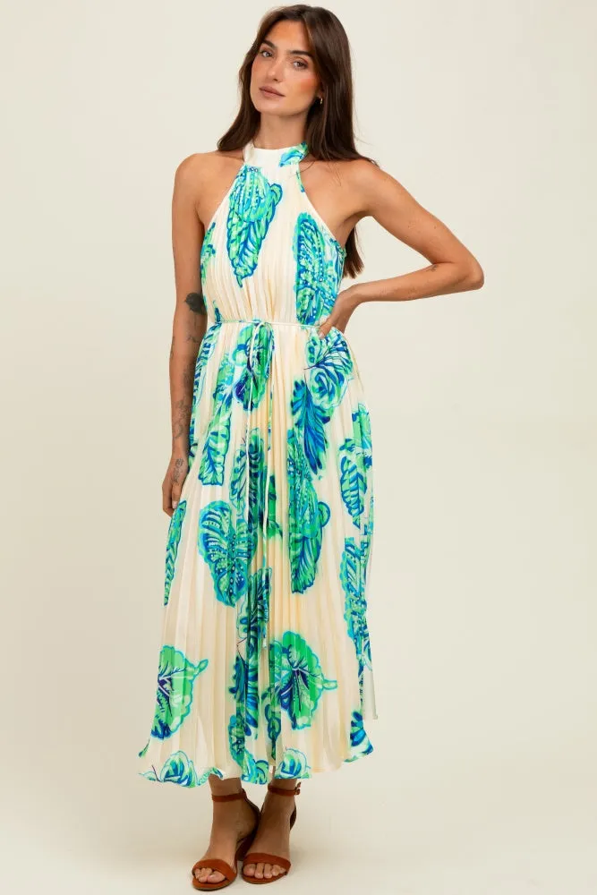 Blue Leaf Print Pleated Halter Midi Dress sold by Pinkblush product image thumbnail 2