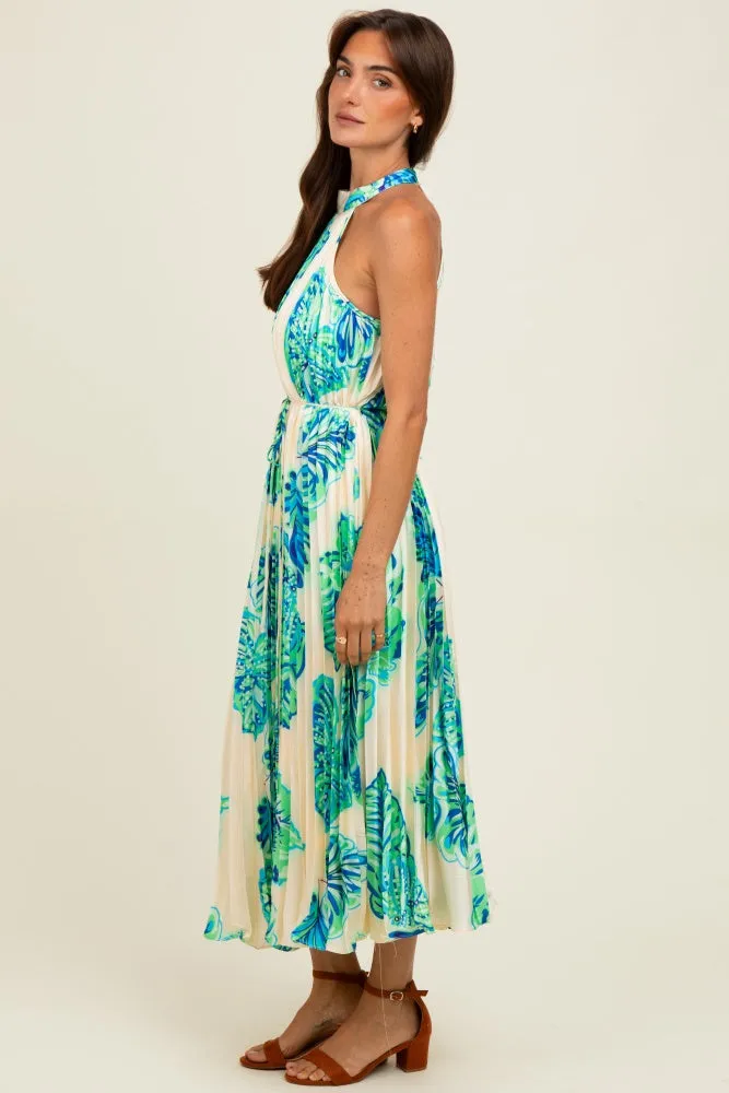 Blue Leaf Print Pleated Halter Midi Dress sold by Pinkblush product image thumbnail 3