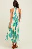 Blue Leaf Print Pleated Halter Midi Dress sold by Pinkblush
