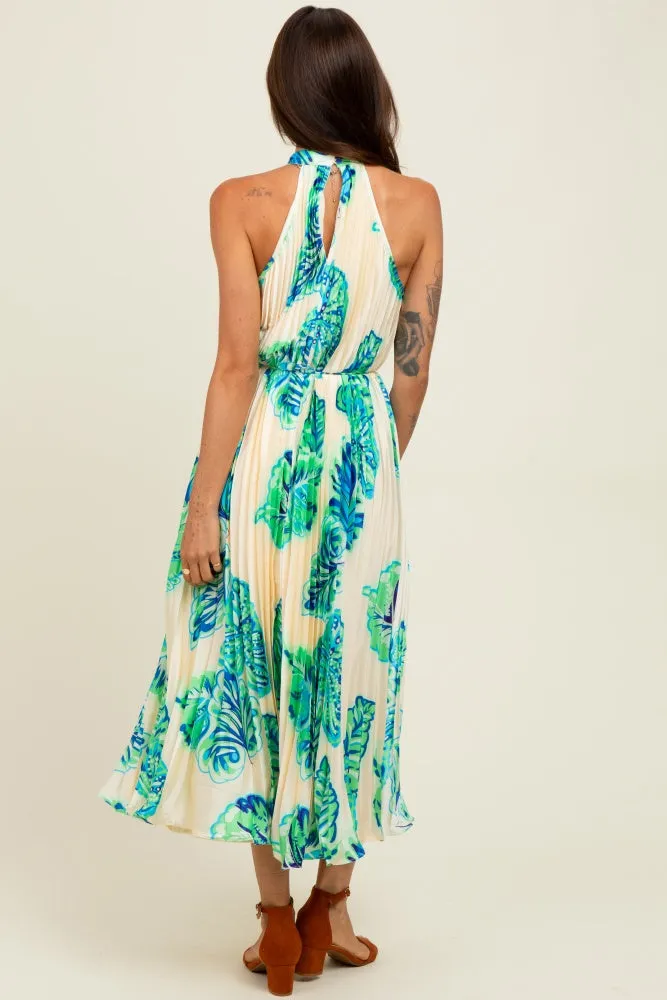 Blue Leaf Print Pleated Halter Midi Dress sold by Pinkblush product image thumbnail 4