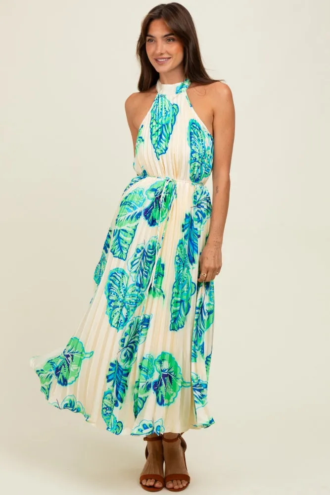 Blue Leaf Print Pleated Halter Midi Dress sold by Pinkblush