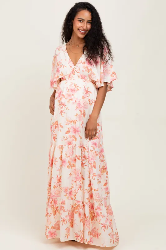 Pink Floral Satin Short Sleeve Deep V-Neck Tiered Maternity Maxi Dress sold by Pinkblush