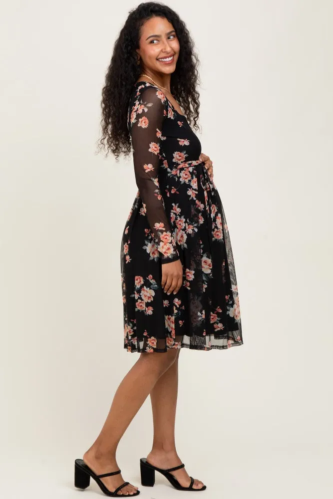 Black Floral Square Neck Long Sleeve Maternity Dress sold by Pinkblush product image thumbnail 3
